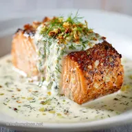 Saumon po&ecirc;l&eacute; parfait peau croustillante et sauce cr&eacute;meuse aneth
