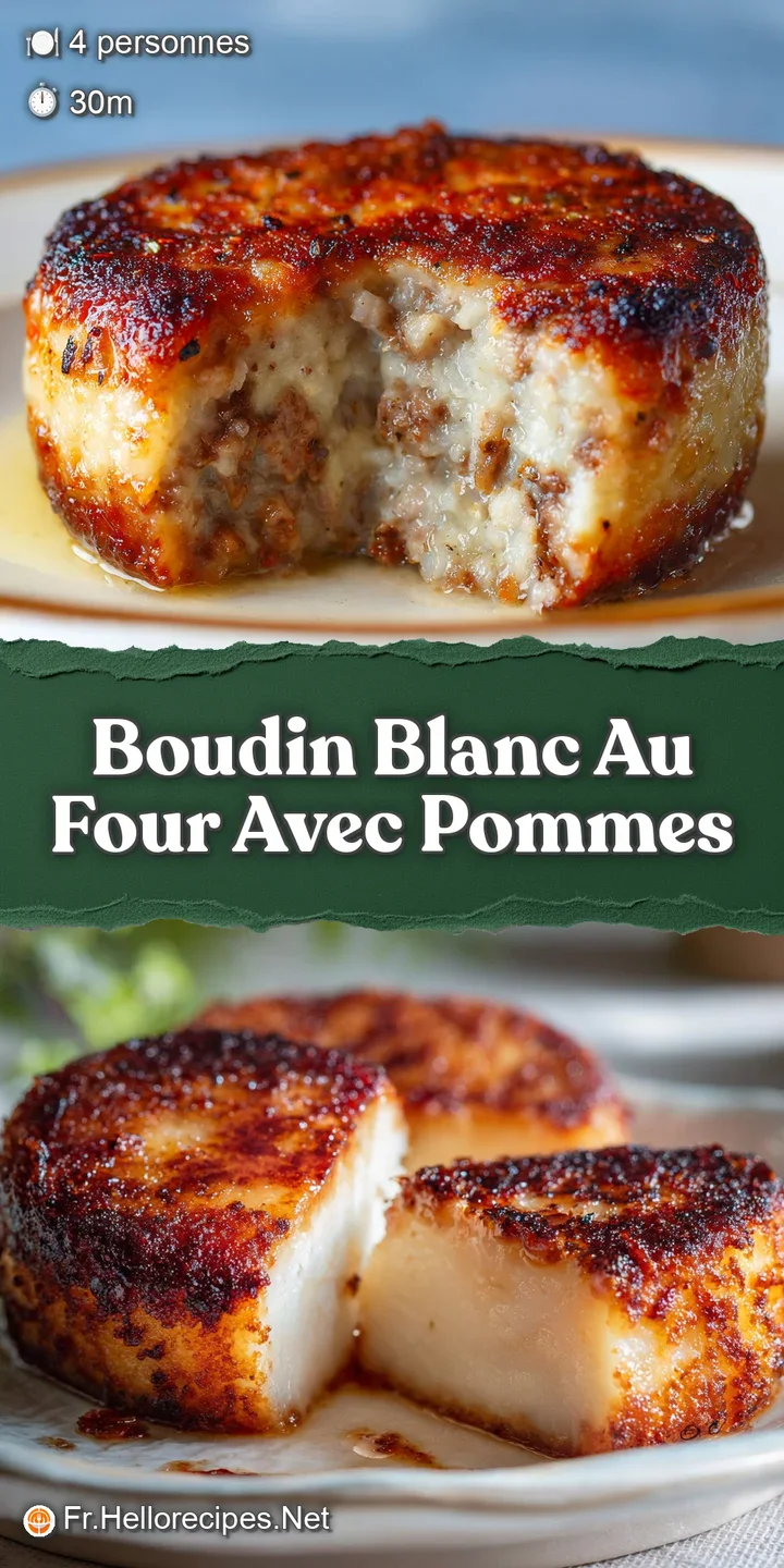 Close-up of succulent boudin blanc sausage with a crisp, browned casing and juicy apples glistening with sweet pan reduction.