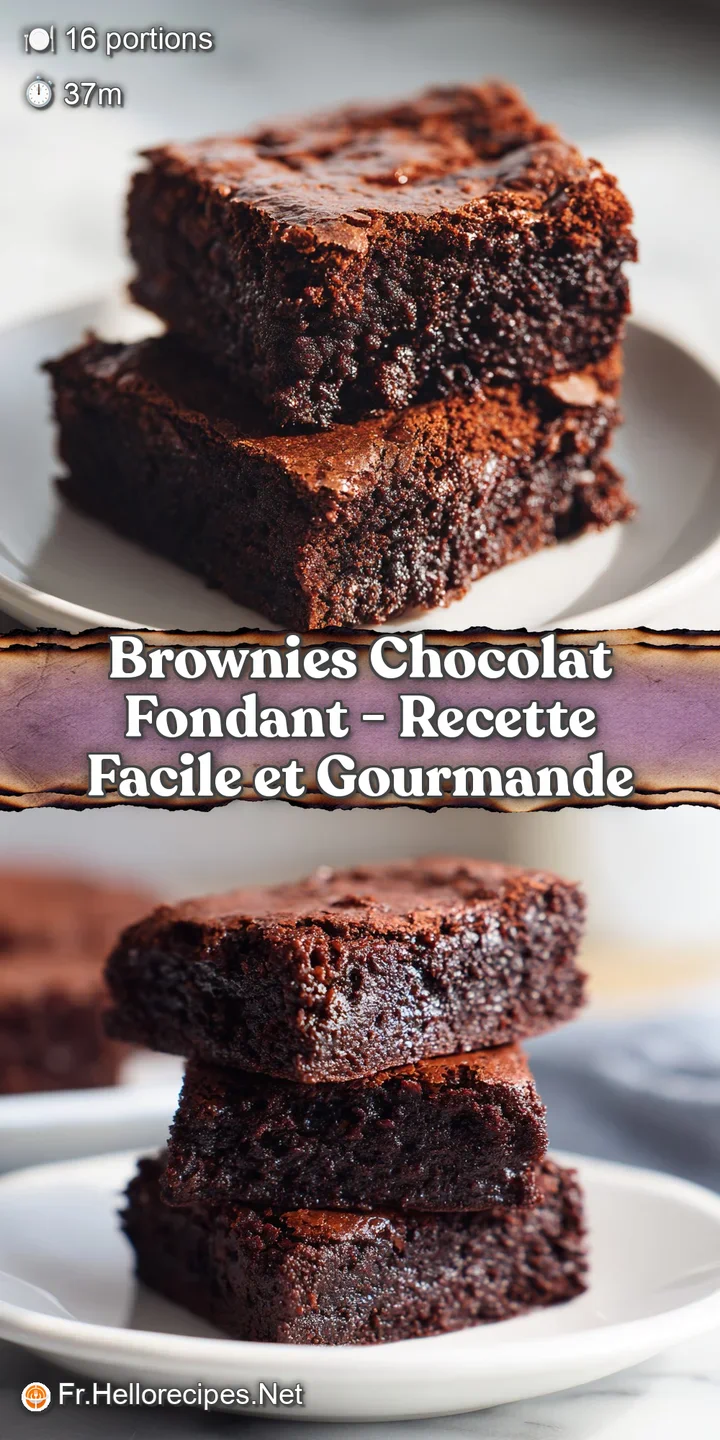 A close-up reveals the molten, gooey center of a dark chocolate brownie, with a glossy, crackled top.