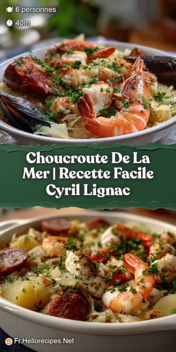 Close-up of choucroute de la mer. Succulent shrimp, steaming mussels, and tender fish peek from bright, tart, fermented ca...