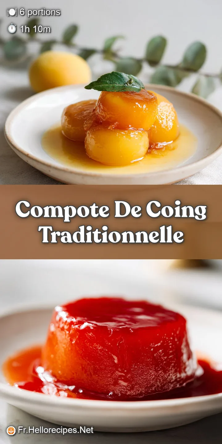 Close-up of glistening quince compote; the warm, inviting amber color and soft, chunky texture almost palpable. A taste of...