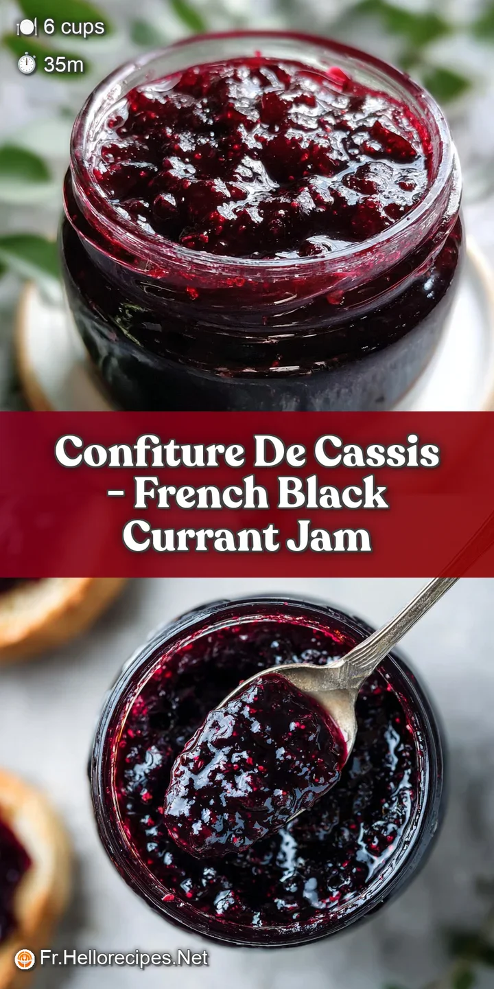 Close-up shows a spoonful of inky blackcurrant jam, catching the light. Smooth, glossy surface with visible fruit pulp. Sw...