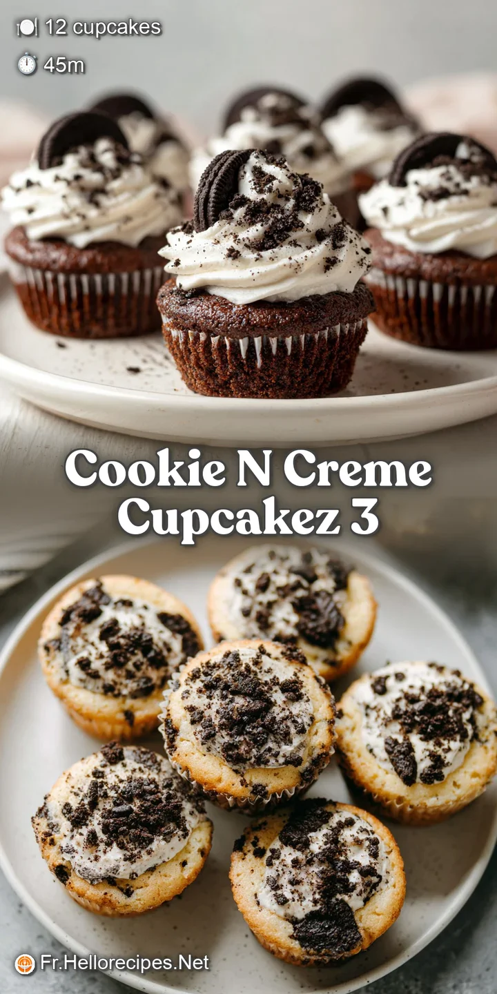 Close-up of a cookie and cream cupcake, showcasing the textured cookie pieces and rich, white frosting; a tempting, sweet ...