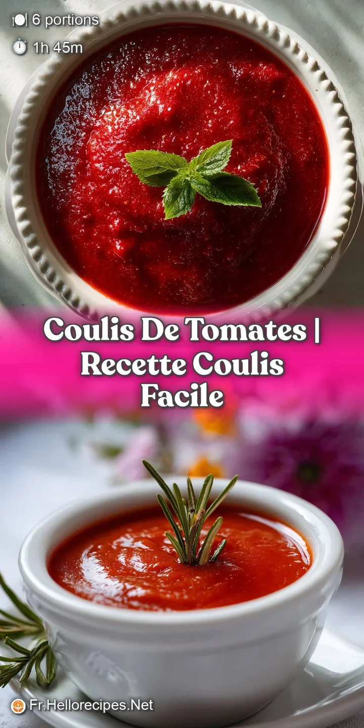 Close-up: bright red tomato coulis with visible tomato seeds. Shiny and smooth, with a slight chunky texture, garnished wi...