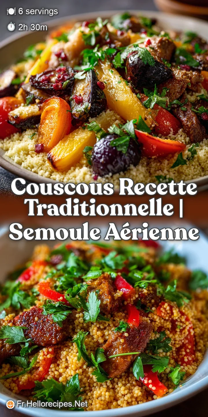 Close-up of fluffy couscous grains, steaming slightly, with visible herbs and spices. Textures and colours: warm, inviting...