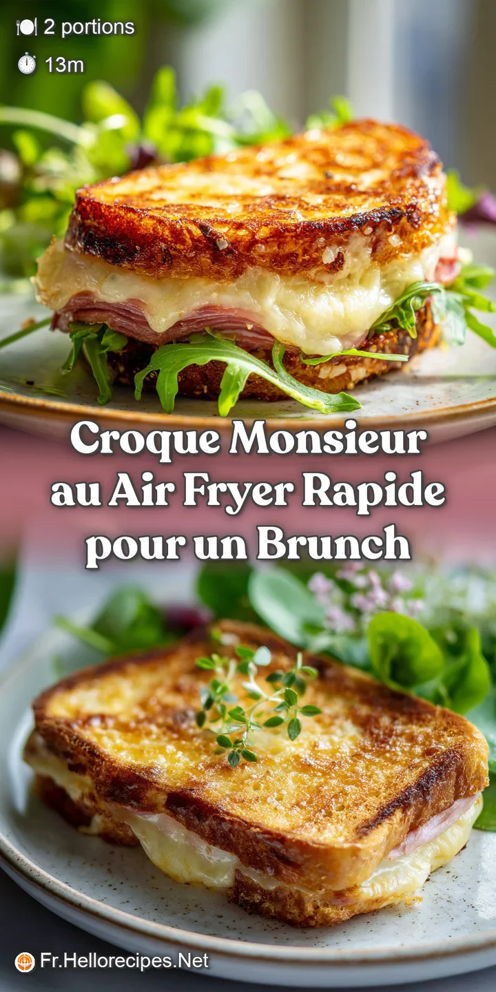 Close-up of a Croque Monsieur revealing layers of ham and melted cheese. Golden toasted bread with visible air fryer grill...