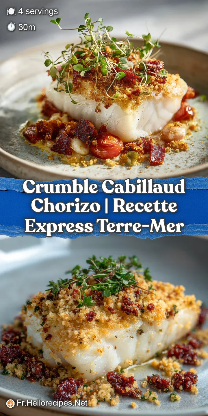 Close-up of glistening cod with a textured chorizo and herb topping, showcasing its flaky interior and savory aroma.