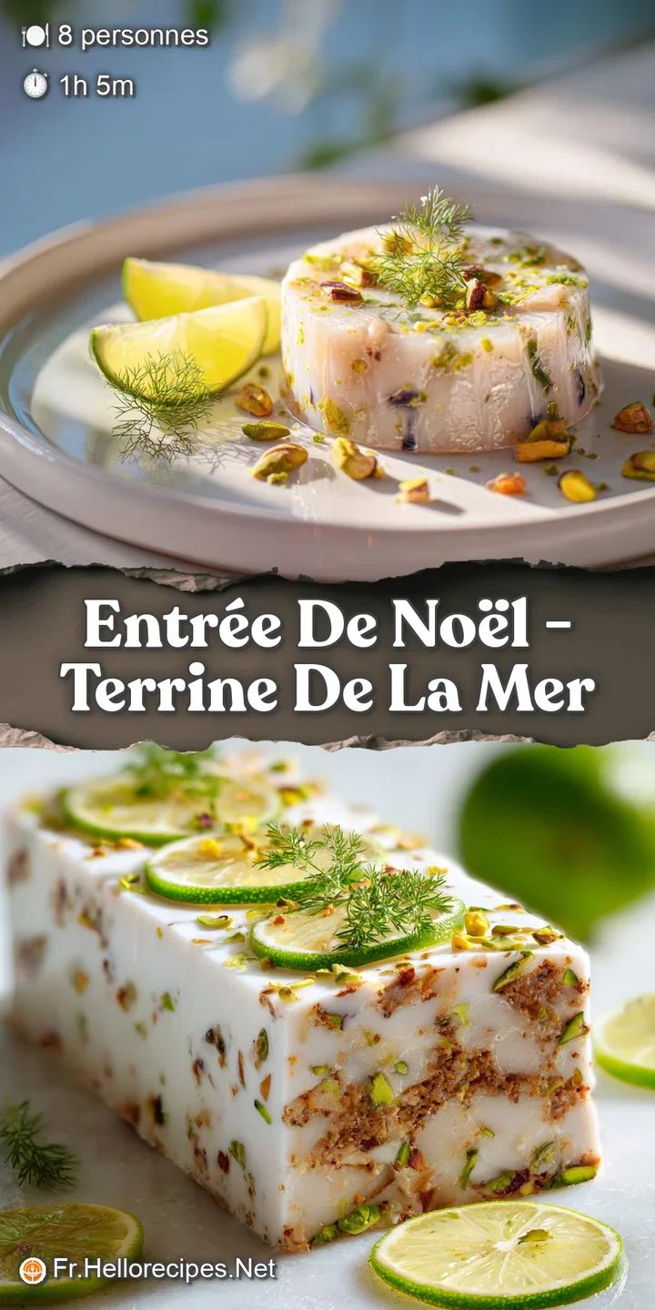 Close-up of seafood terrine layers revealing the creamy, flaky, and succulent textures. Pink shrimp contrasts with the whi...