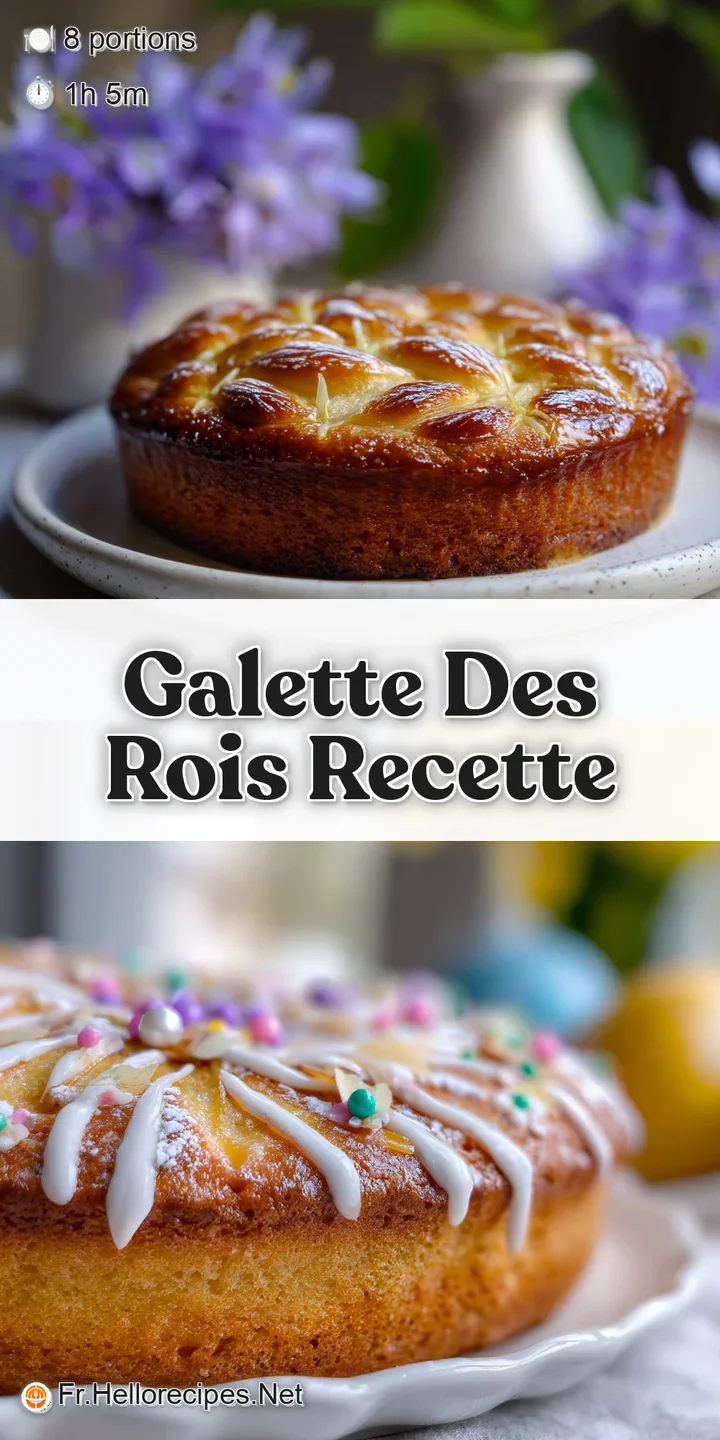 Close-up of a shiny, golden galette des rois. The flaky crust is slightly cracked, revealing the creamy almond filling ins...