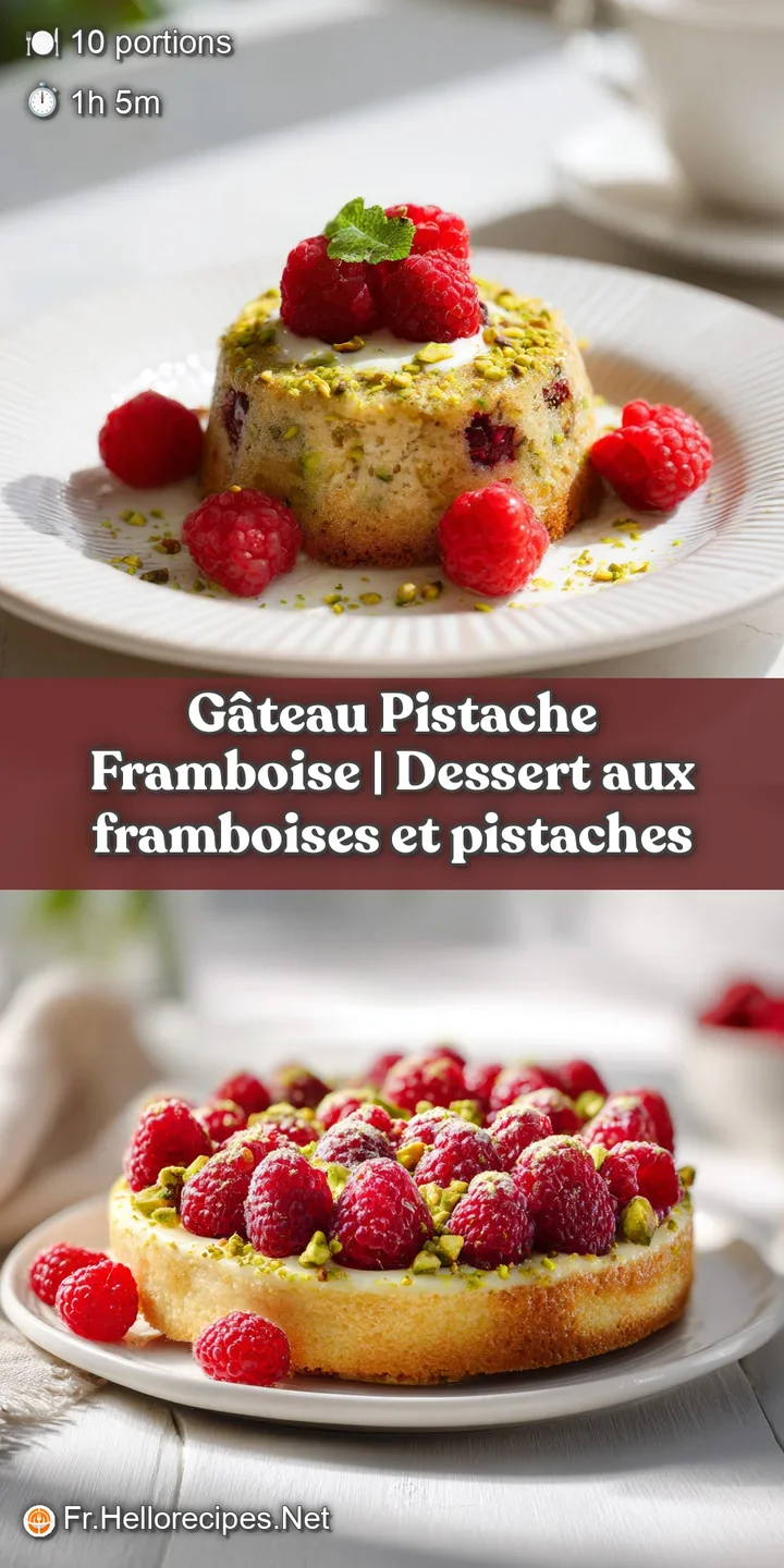 A close-up reveals the fluffy, pale green crumb of pistachio cake contrasted with juicy, red raspberries.