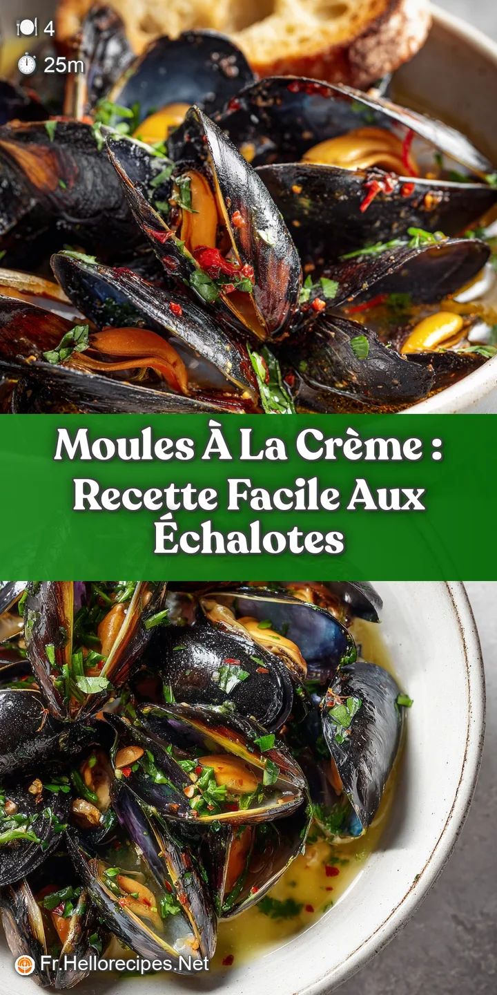 Close-up of plump mussels bathed in a glossy, shallot-infused cream sauce. Steam rises, hinting at their savory, fresh taste.