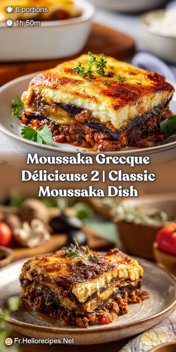 Close-up of a steaming slice of moussaka, showing tender aubergine, savory meat sauce, and a creamy b&eacute;chamel topping.