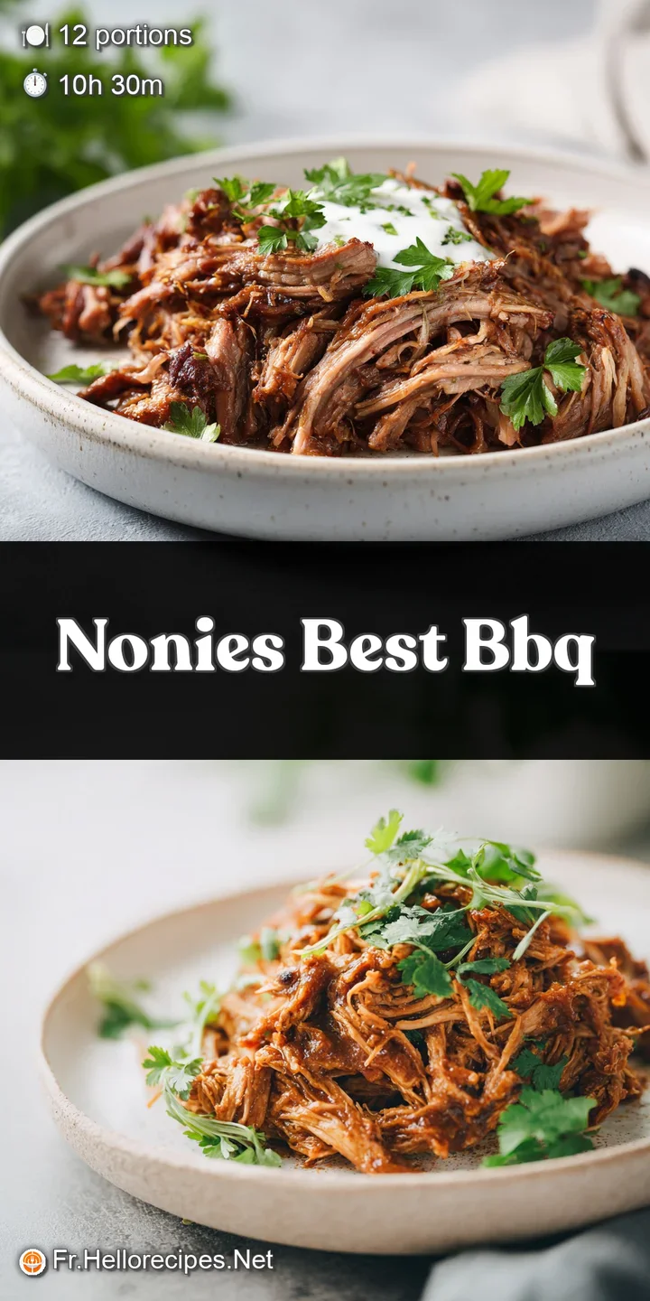 Close-up of juicy, tender pulled pork, glistening with a dark, sweet BBQ sauce. Visible strands of meat and smoky, caramel...