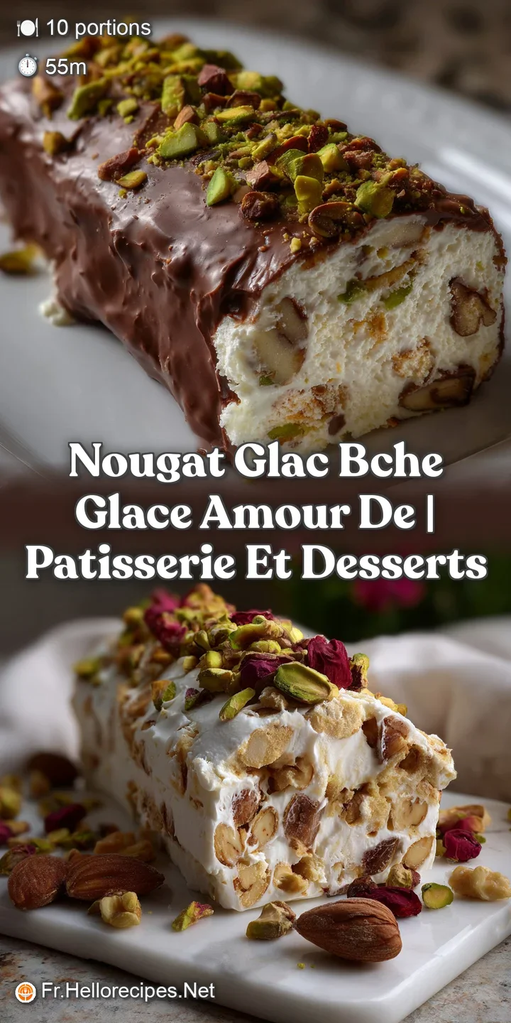 Close-up of creamy white nougat glac&eacute;, revealing a medley of chopped nuts and a hint of vanilla bean flecks, creating a te...