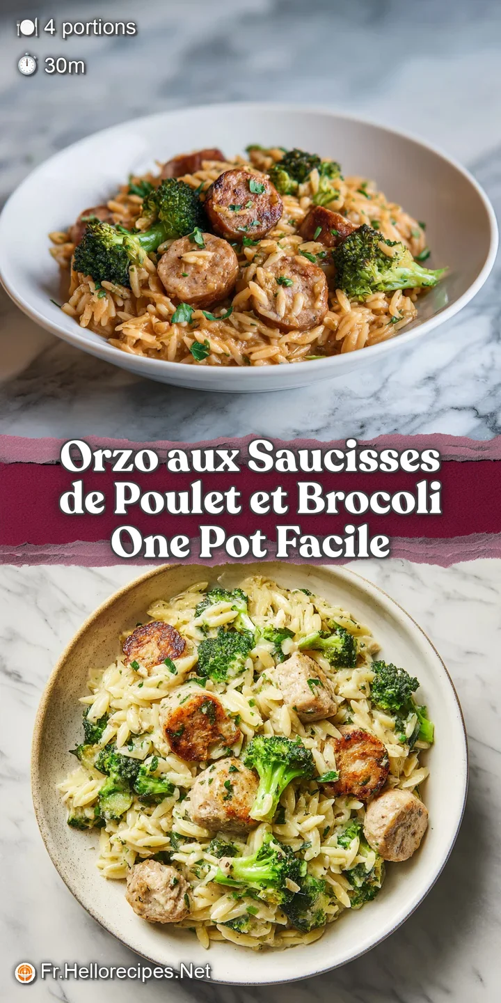 Close-up of the dish, highlighting the creamy texture of the orzo pasta, juicy sausage pieces, and tender broccoli, a deli...