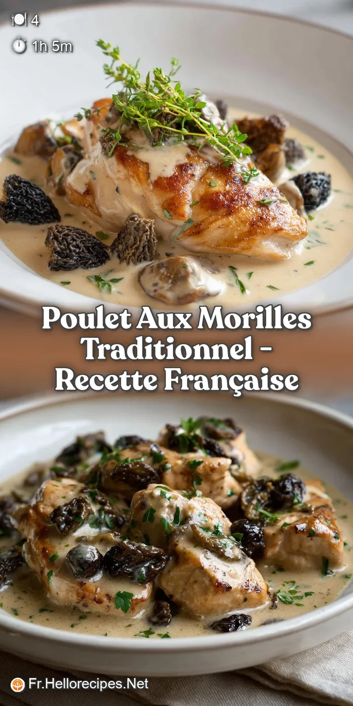 Close-up of juicy, golden chicken skin glistening with rich, creamy sauce and earthy morel mushrooms; a truly inviting bite.