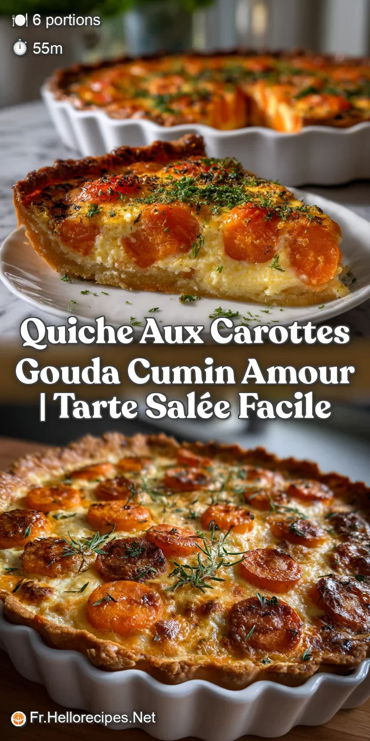 Golden-crusted quiche with a silky custard filling. Vibrant carrot slices peek through, speckled with cumin, topped with m...