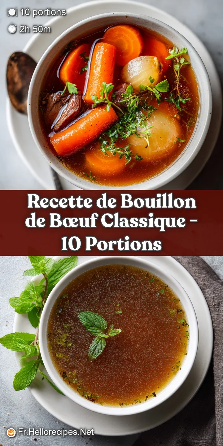 Close-up of rich, amber beef broth with glistening droplets, aromatic herbs floating. Hints of simmered vegetables peeking...