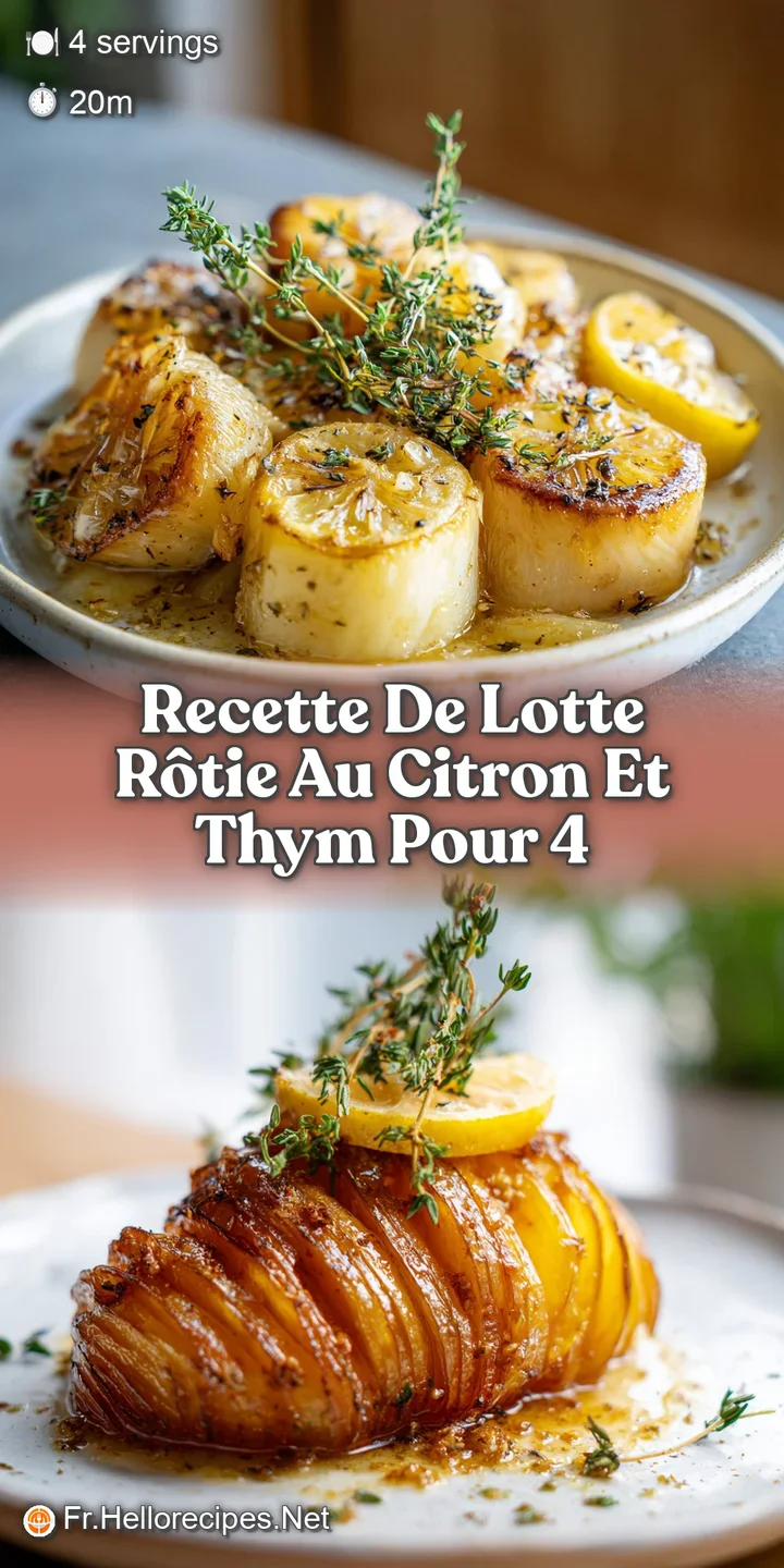 Close-up of tender monkfish, browned edges, glistening lemon-thyme sauce. Fresh thyme leaves and bright lemon zest highlig...