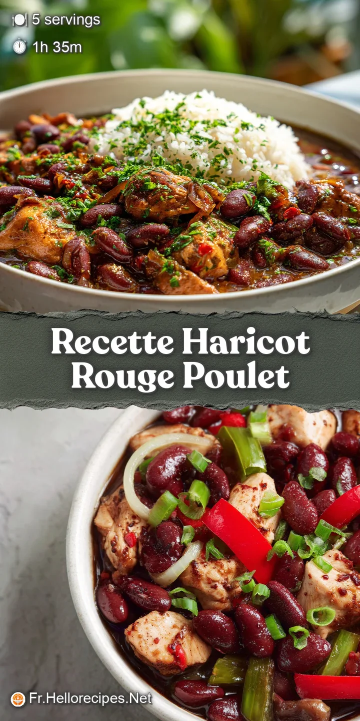 Close-up of simmering red beans and chicken in a thick, savory sauce. Steam rises, conveying warmth and inviting aroma. So...