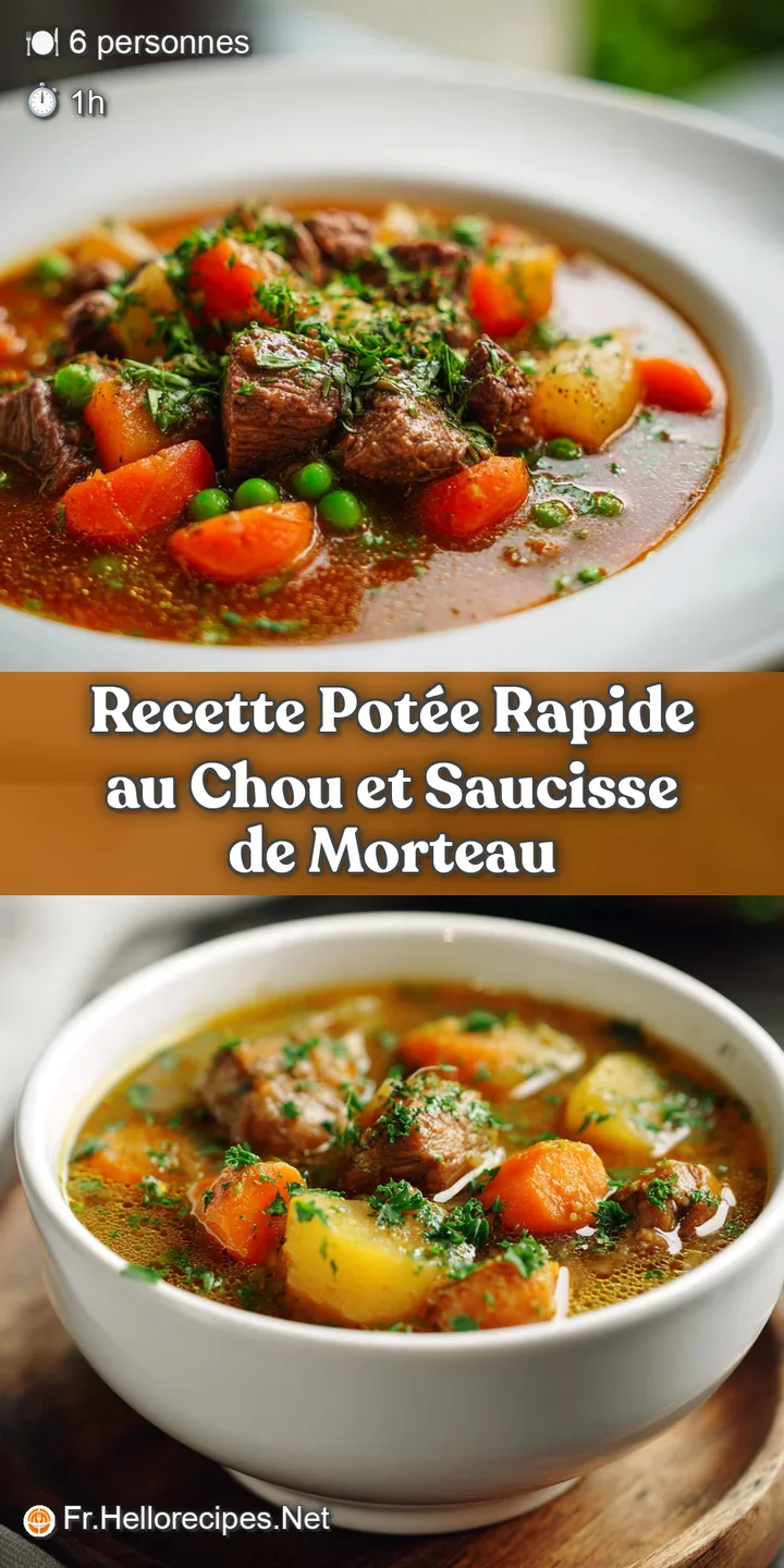 Close-up of shimmering pot&eacute;e; carrots, potatoes, and sausage with herbs in savory broth. Hearty and flavorful, ready to eat.