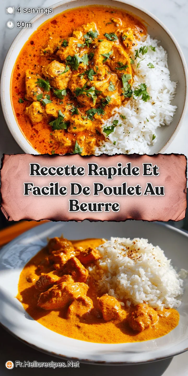 Close-up reveals tender chicken bathed in rich, orange-hued butter sauce; spices shimmer, hinting at savory warmth.