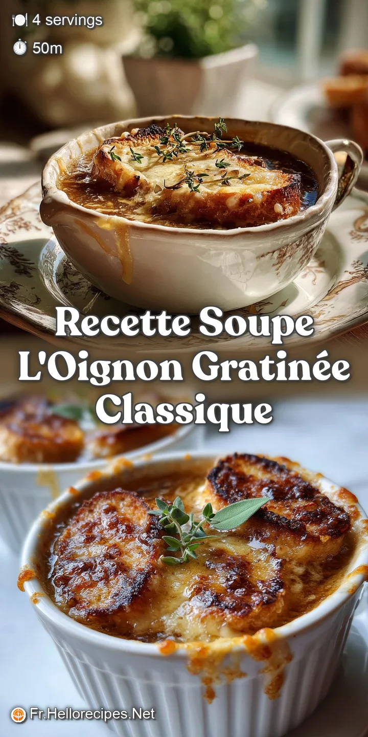 Close-up of a bubbling, cheesy surface, revealing a rich, savory broth beneath. Melty, stringy cheese with crispy, toasted...