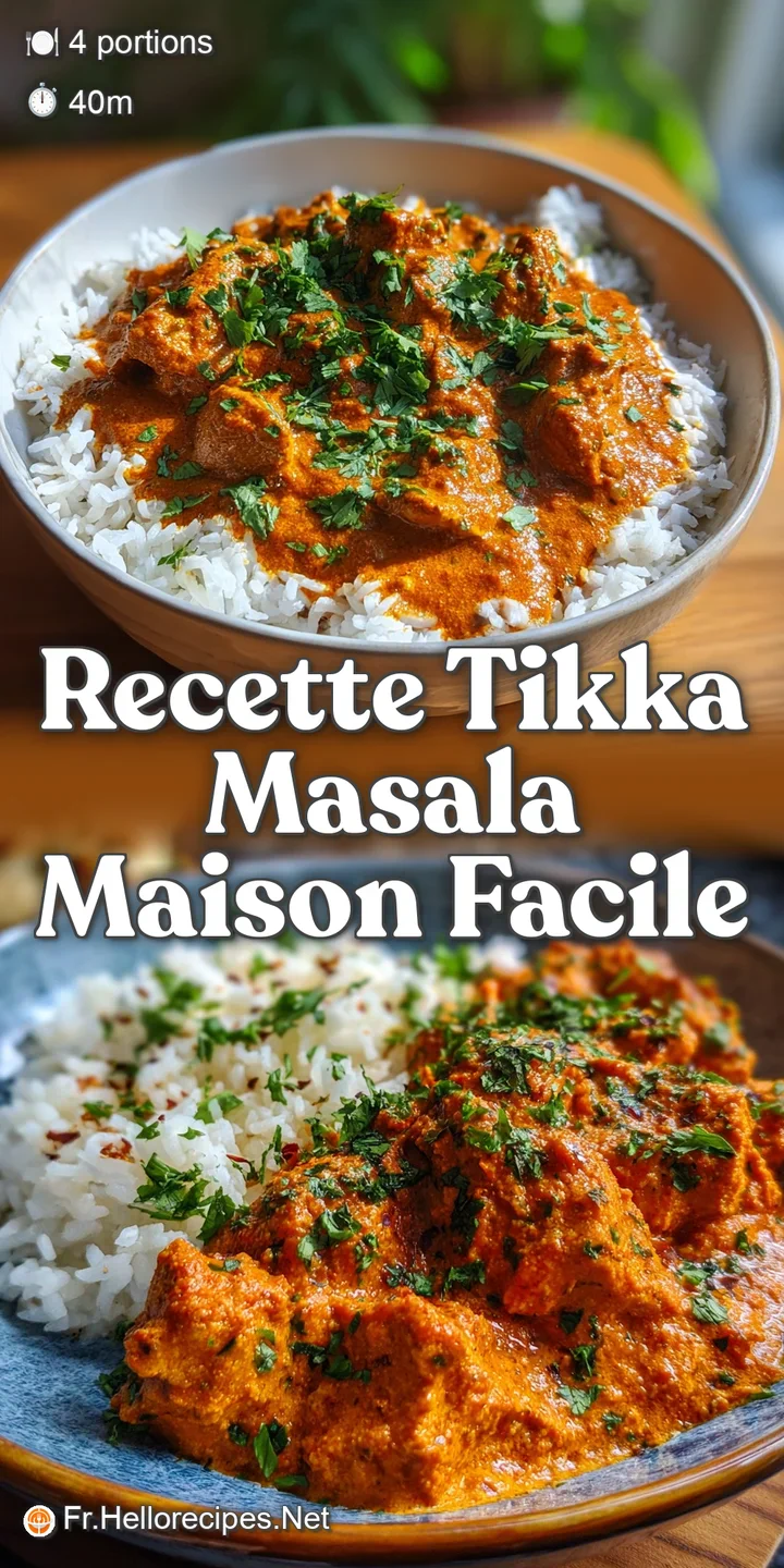 Creamy, rich tikka masala close-up; tender chicken pieces glistening in the flavorful, tomato-based orange sauce, garnishe...