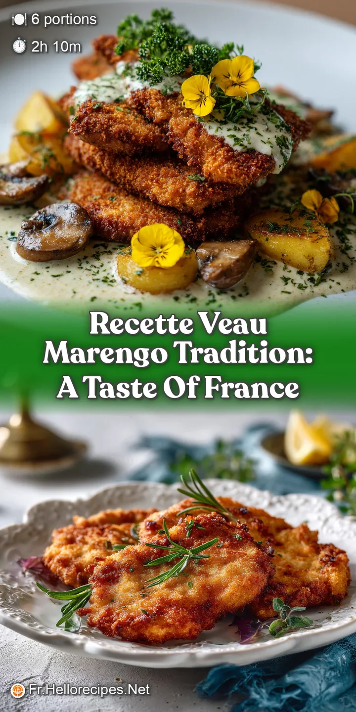 Close-up of glistening Veal Marengo showcasing juicy veal, plump mushrooms, and savory sauce, highlighting the dish's rust...