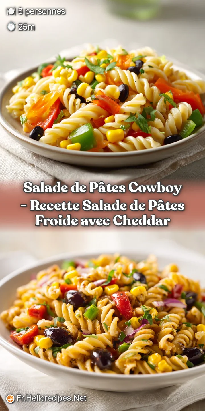 Close-up of tender pasta twirls coated in rich dressing, studded with red bell pepper and cheese.