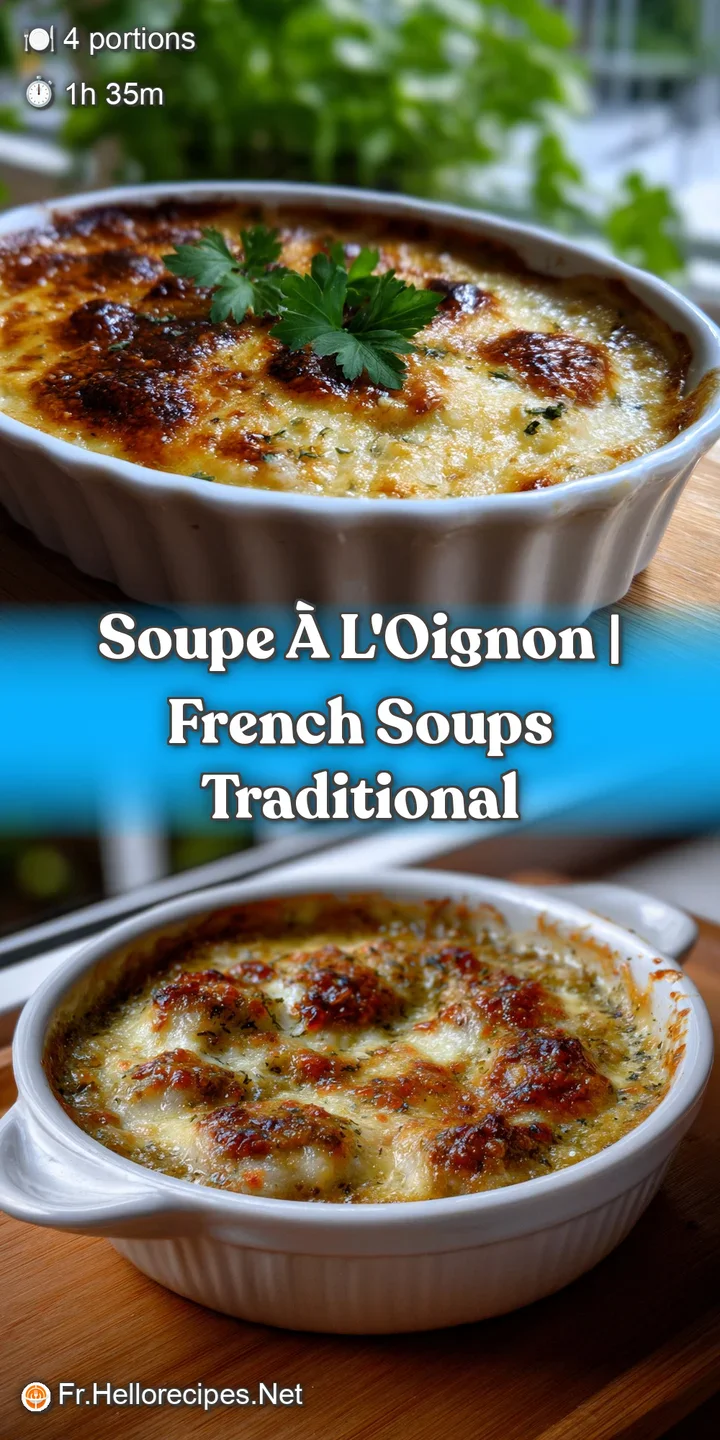 Close-up reveals caramelized onions suspended in savory broth, topped with a golden, melted cheese crust, hinting at a war...