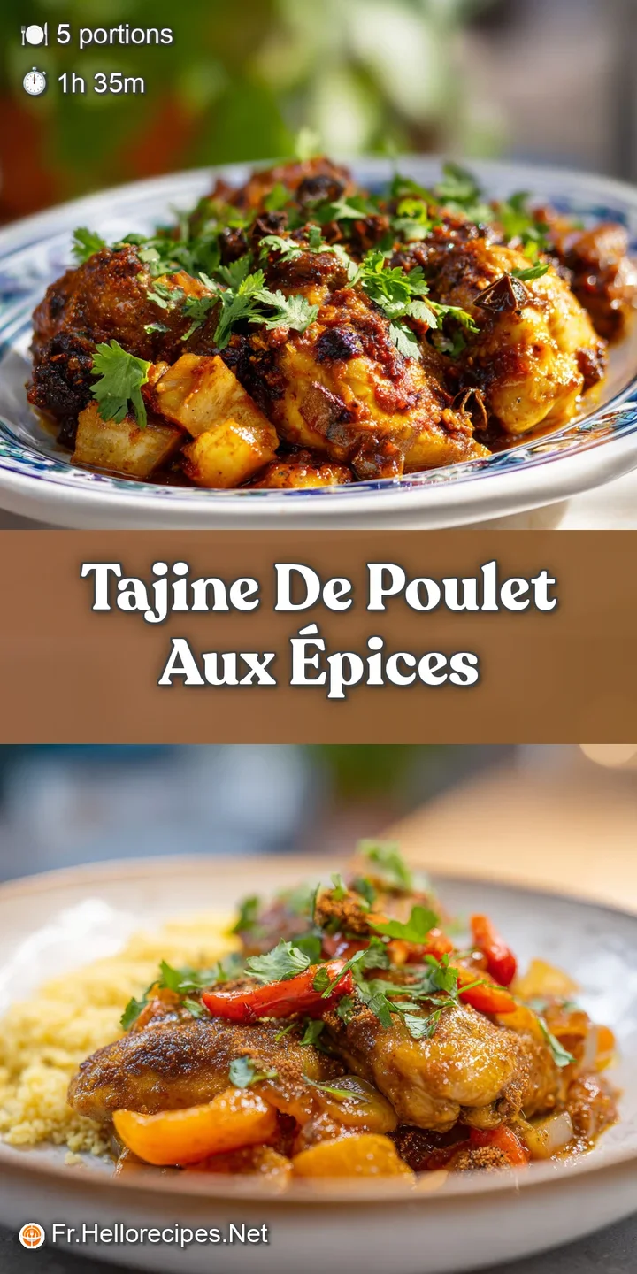 Close-up of tender chicken in a rich, spiced tagine sauce. Glistening olives and lemon peel add brightness to the warm-ton...