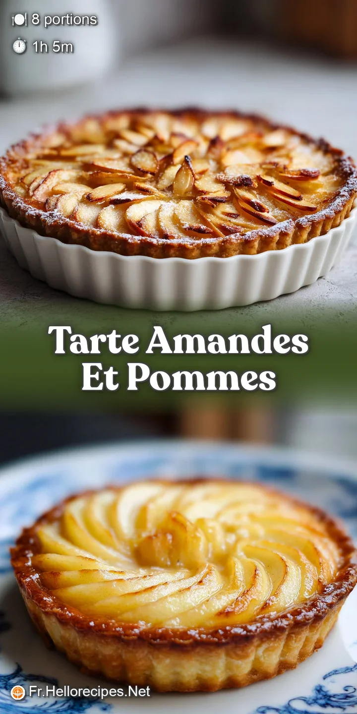 Close-up of an almond apple tart showcasing a buttery crust and soft, caramelized apple filling with crisp almond slivers.