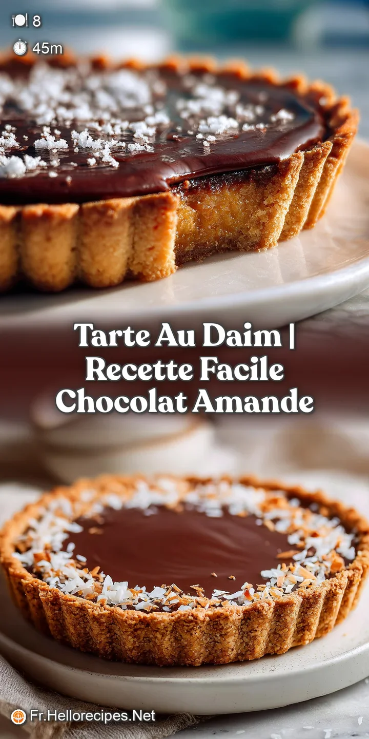 Close-up reveals a rich caramel tart with shiny surface, sprinkled with chopped toffee and delicate chocolate curls.