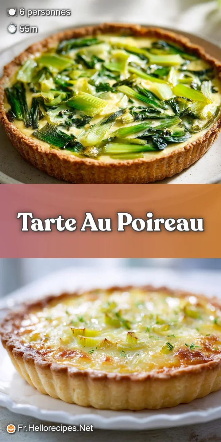 Close-up of leek tart slice: creamy, soft filling contrasts with the flaky, golden-brown crust. Fresh thyme adds a pop of ...