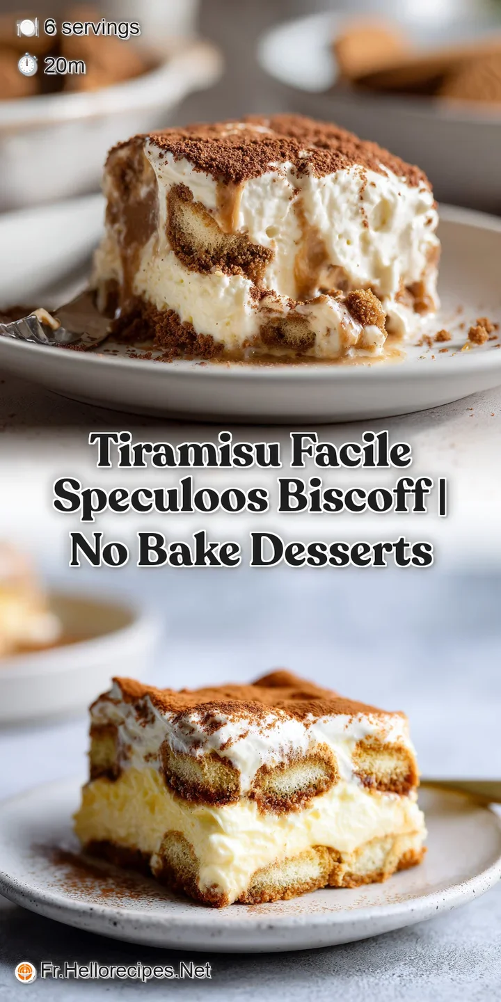 Close-up of rich tiramisu, showing layers of speculoos biscuits and creamy filling. Cocoa powder adds a touch of warmth.