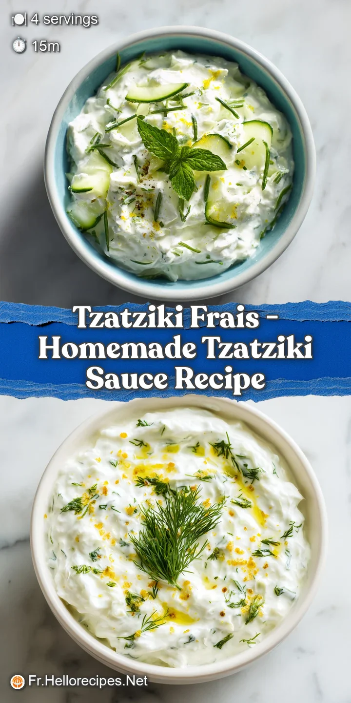 Close-up of thick, luscious tzatziki, showing its smooth texture, studded with finely chopped cucumber and garlic.