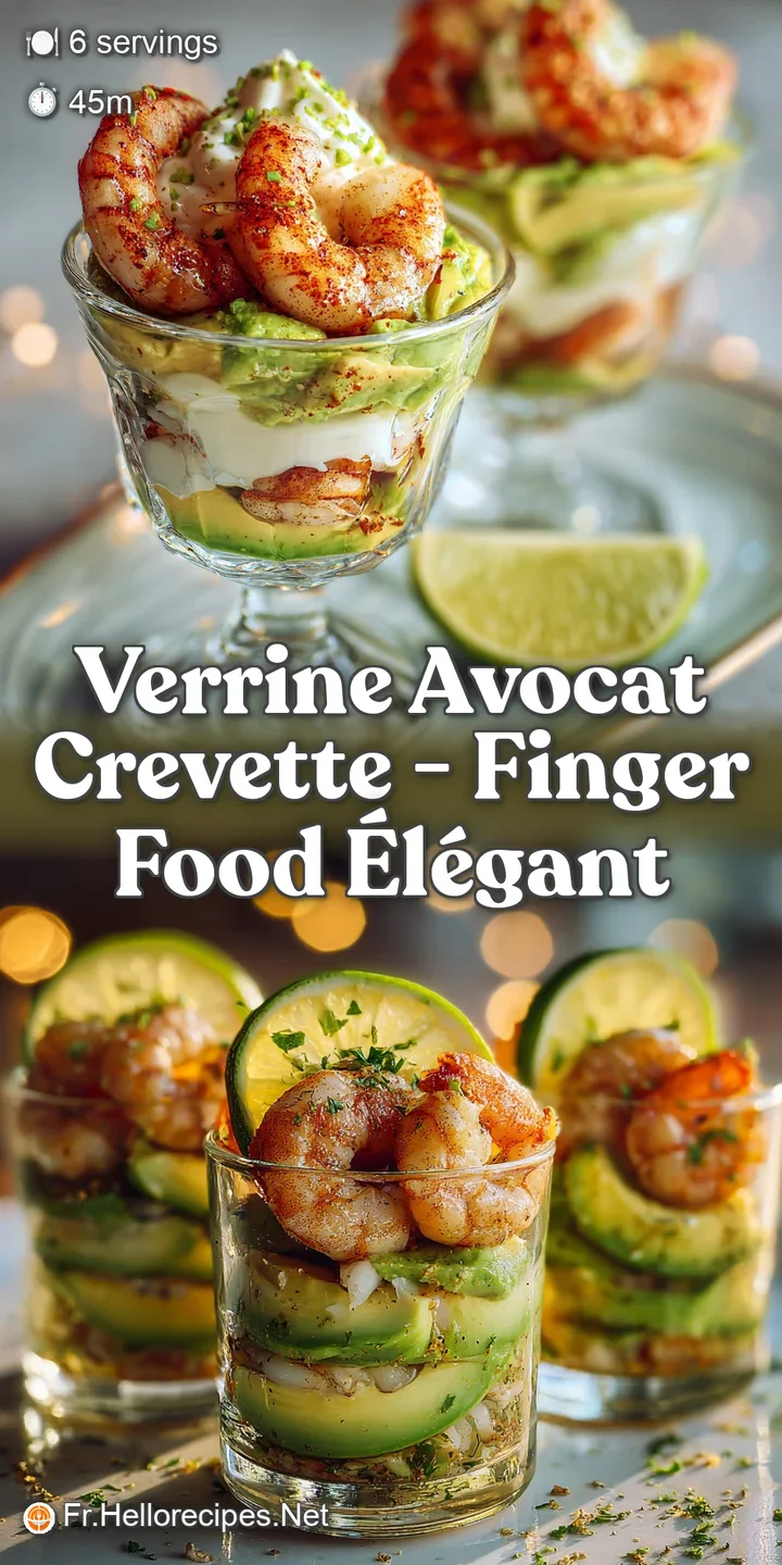 Close-up of a verrine's smooth avocado base, topped with plump, pink shrimp, inviting textures and a tantalizing, refreshi...