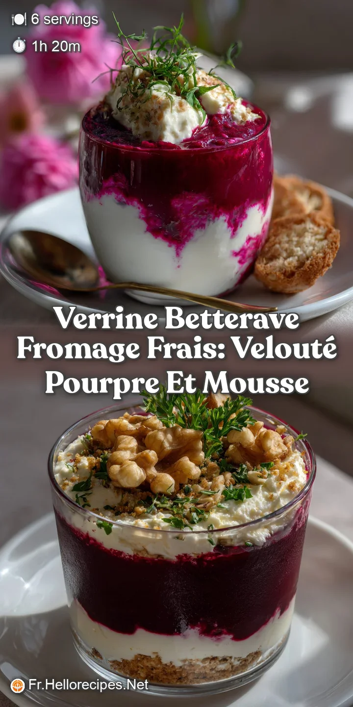 Close-up of a layered verrine, showing the smooth, creamy cheese and the deep pink of the beets. The cool, refreshing look...