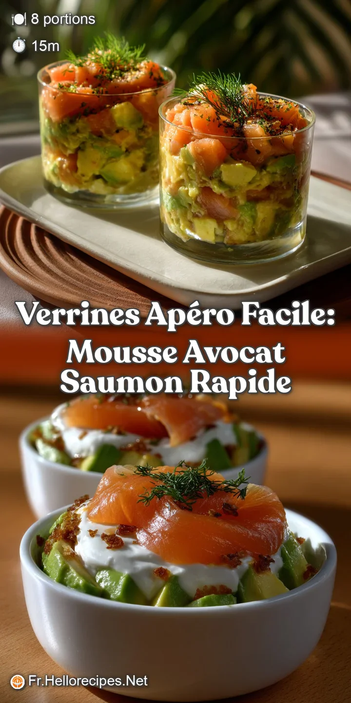 Close-up of a verrine revealing the smooth avocado mousse and delicate salmon flakes, inviting textures and a fresh, appet...