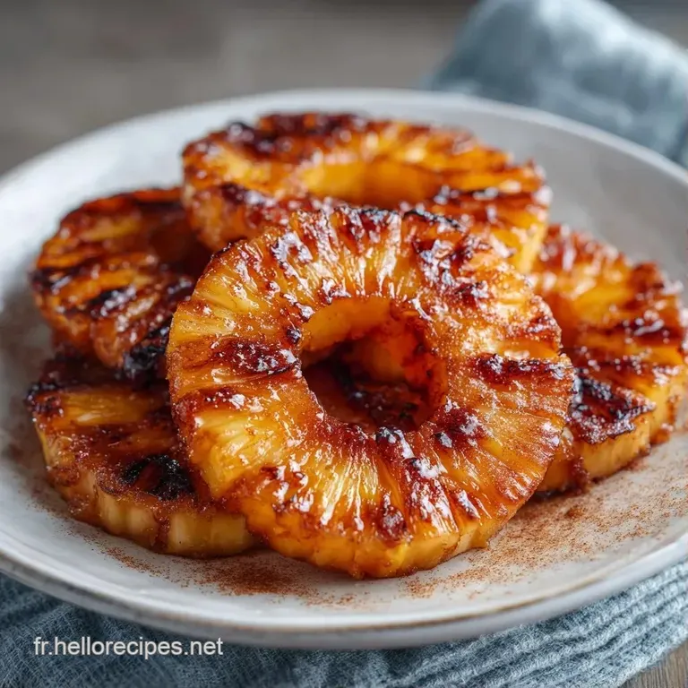 Rondelles de fruit dor&eacute; dispos&eacute;es sur une assiette blanche, contrastant avec un coulis ambr&eacute; et une touche de vert.
