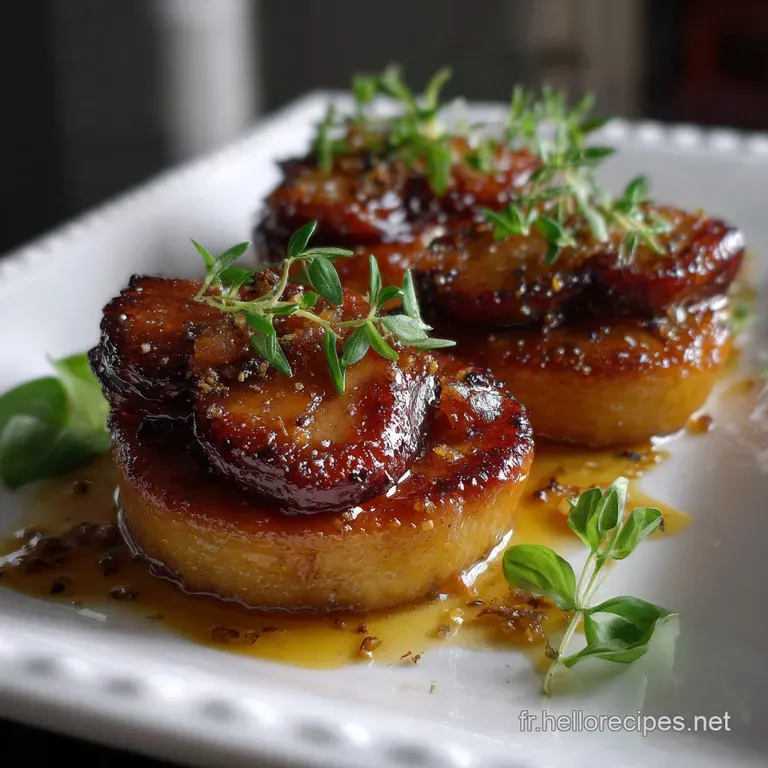Elegant plate showcasing a perfectly seared foie gras torchon, adorned with a drizzle of sweet wine reduction and toasted ...