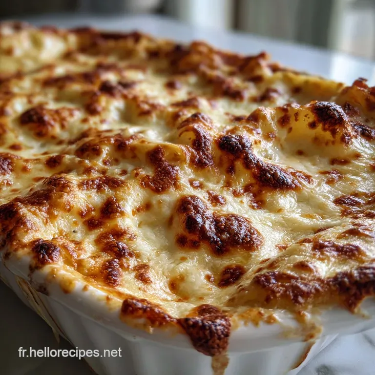 Smooth, ivory-colored bechamel cascading over layers of lasagna, creating a velvety sheen. Elegant presentation, inviting ...