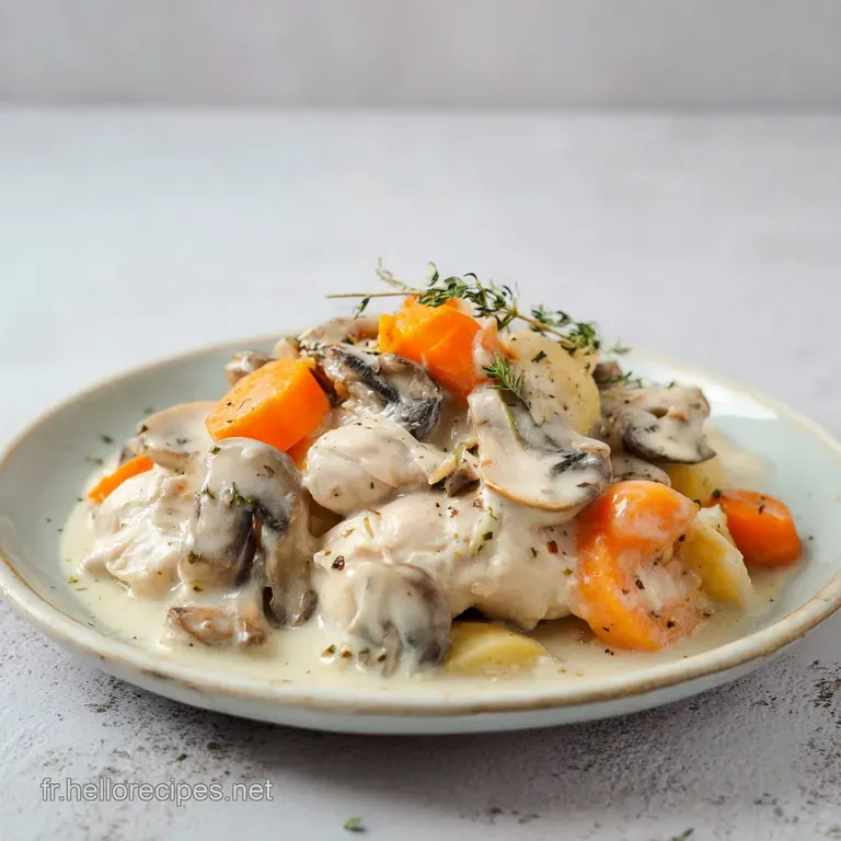 Assiette &eacute;pur&eacute;e o&ugrave; une sauce velout&eacute;e nappe des morceaux de poulet blanc et des carottes croquantes, dressage soign&eacute;.