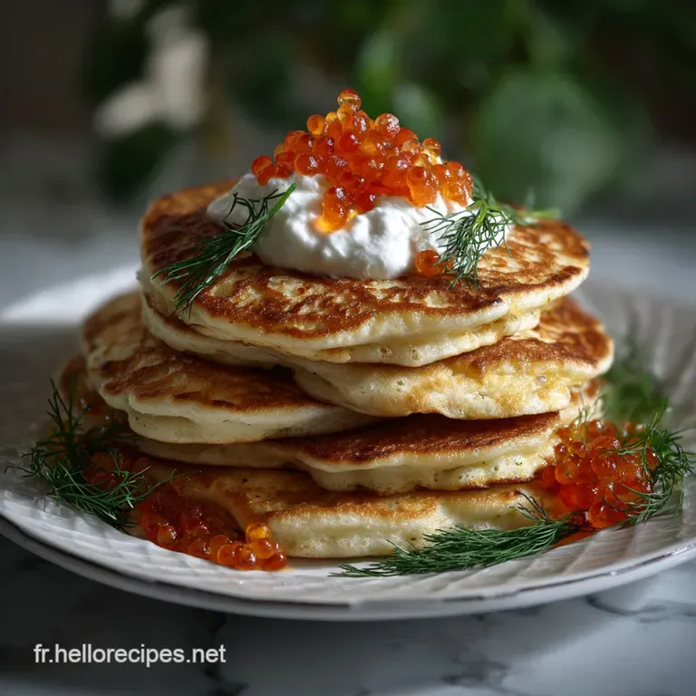 Perfectly round, golden blinis arranged artfully on a white plate. A swirl of cr&egrave;me fra&icirc;che and a sprig of dill complete t...