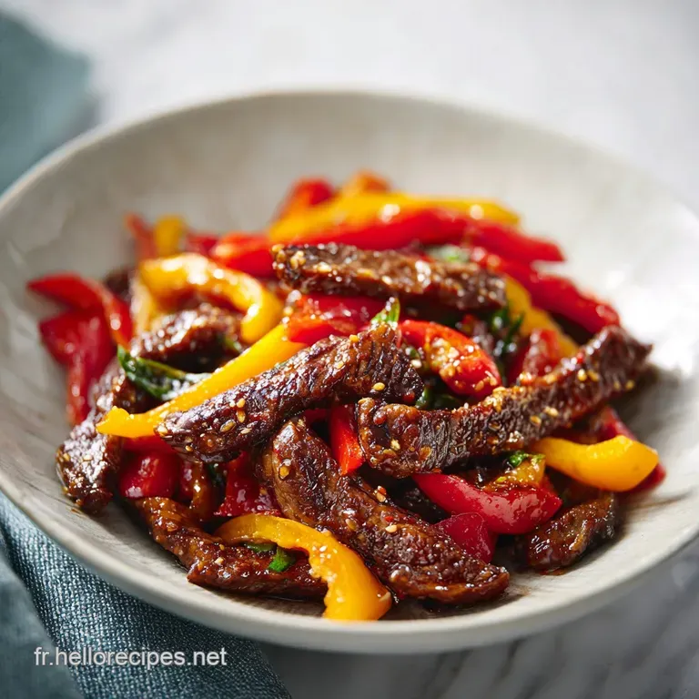 Assiette blanche &eacute;pur&eacute;e pr&eacute;sentant des morceaux de b&oelig;uf juteux et des lani&egrave;res de poivrons color&eacute;s napp&eacute;s d'un jus sombre.