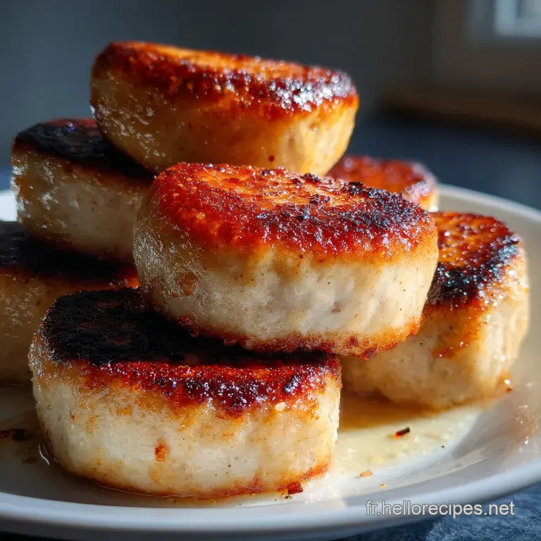 Elegant plating featuring a plump, golden-brown boudin blanc sausage beside softened apples with glistening, caramelized e...