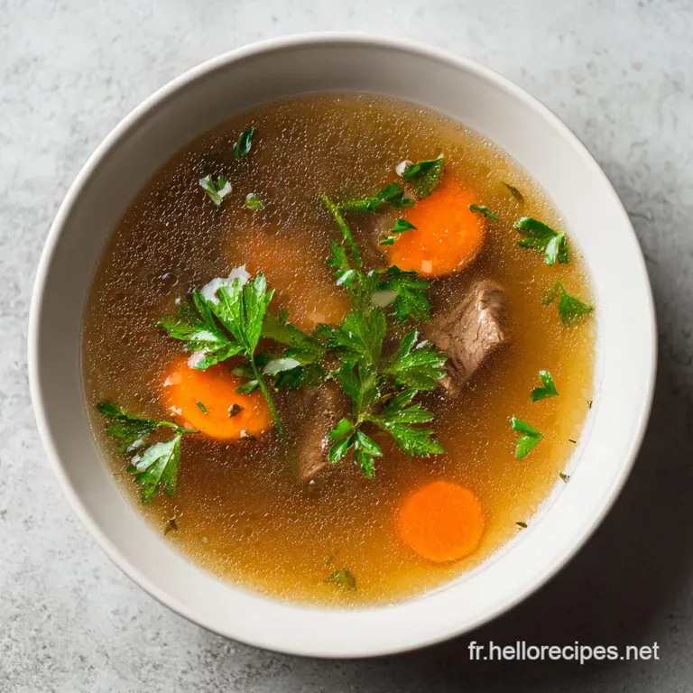 Elegant serving of clear beef consomm&eacute; in a delicate white bowl, garnished with fresh herbs and a drizzle of golden oil.