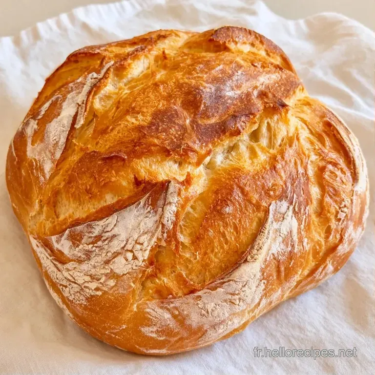 Boule de pain croustillante pos&eacute;e sur une planche en bois brut, entour&eacute;e de quelques grains de sel et d'un linge lin.