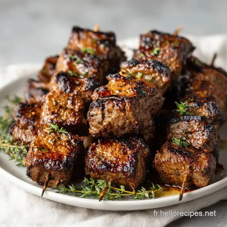 Brochettes juteuses pos&eacute;es sur un plat blanc, d&eacute;cor&eacute;es de zestes jaunes et d'herbes vertes sur un fond lumineux.